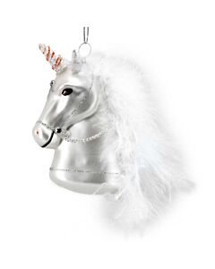 Gisela Graham White Glass/Faux Fur Unicorn Head Decoration